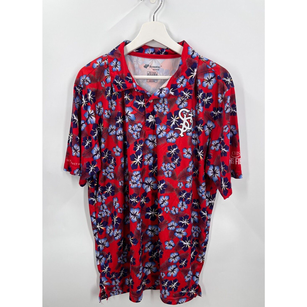 Bywater Apparel Red Floral Hawaiian Shirt Collared Short Sleeves Men's Size XL